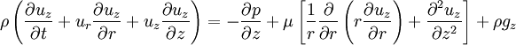 \rho \left(\frac{\partial u_z}{\partial t} + u_r \frac{\partial u_z}{\partial r} + u_z \frac{\partial u_z}{\partial z}\right) = 
-\frac{\partial p}{\partial z} + \mu \left[\frac{1}{r}\frac{\partial}{\partial r}\left(r \frac{\partial u_z}{\partial r}\right) + \frac{\partial^2 u_z}{\partial z^2}\right] + \rho g_z