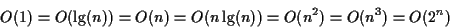 \begin{displaymath}O(1) = O(\lg(n)) = O(n) = O(n\lg(n)) = O(n^2) = O(n^3) = O(2^n) \end{displaymath}