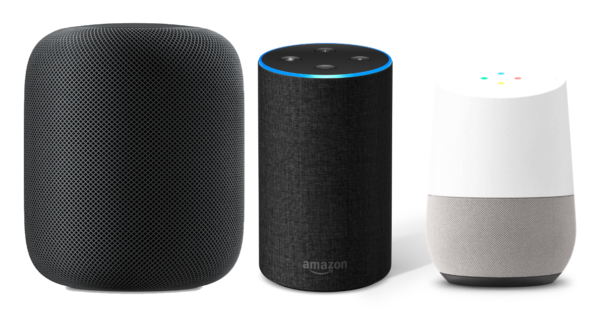 Images of Apple HomePod, Amazon Echo, Google Home